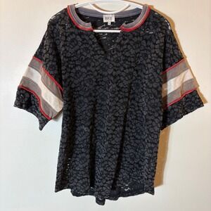 BKE Black Floral Lace V-Neck Top Striped Sleeves Size Large